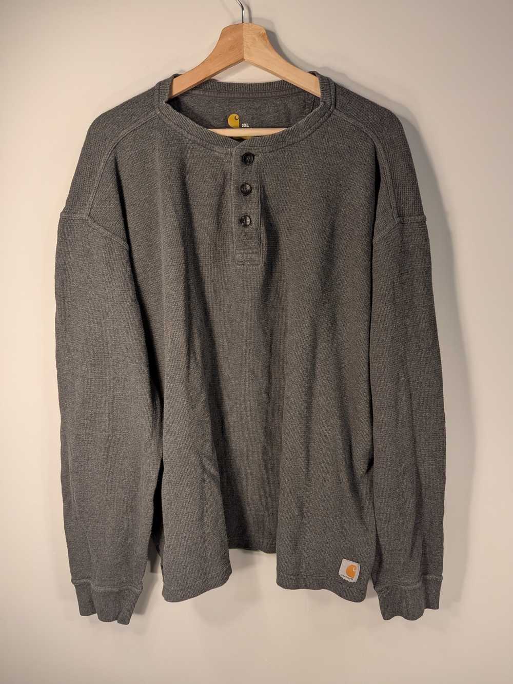 Carhartt Waffle Knit Thermal Henley, Gray, 3-Button, Size 2XL